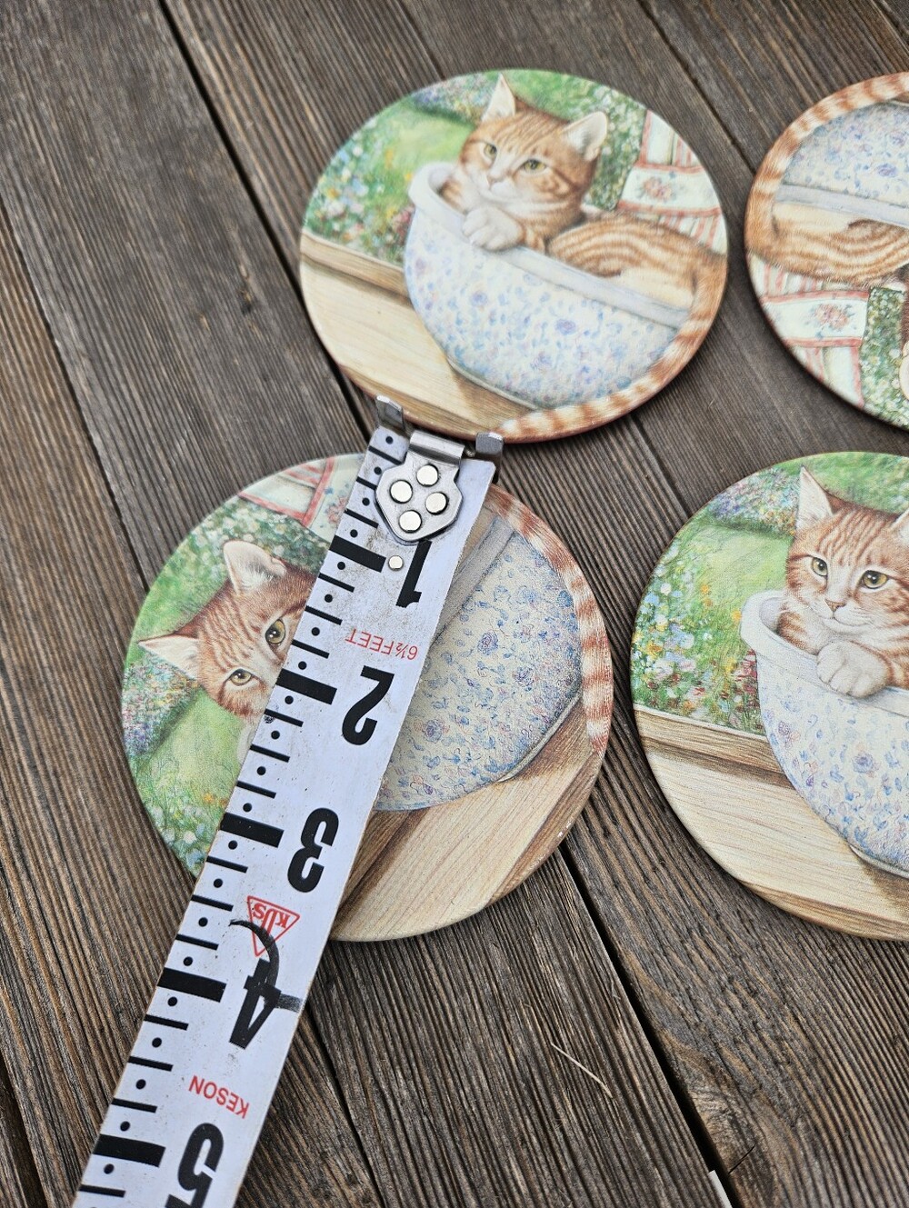 COTTAGECORE CAT KITTEN COASTERS WITH DECORATIVE LIDS ROUND BARWARE TIN SET 80S - Picture 4 of 7